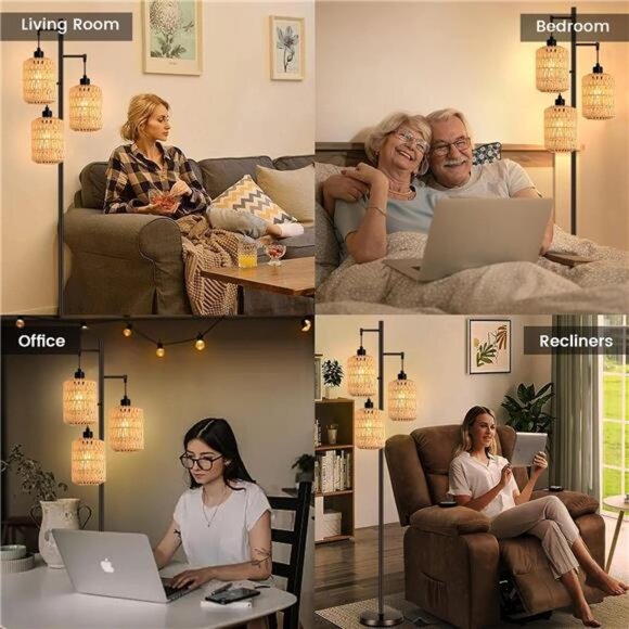 Floor Lamp for Living Room,Bedroom,3-Lights Boho Rattan Tree Floor - Picture 7 of 8